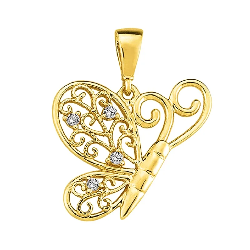 women diamond pendant necklaces -14k Yellow Gold Cubic-Zirconia Filigree Wing Flying Butterfly Pendant