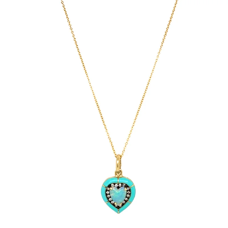 women vintage necklaces -Heart-Shaped Opal, Diamond, & Enamel Necklace - "Turquoise Embrace"