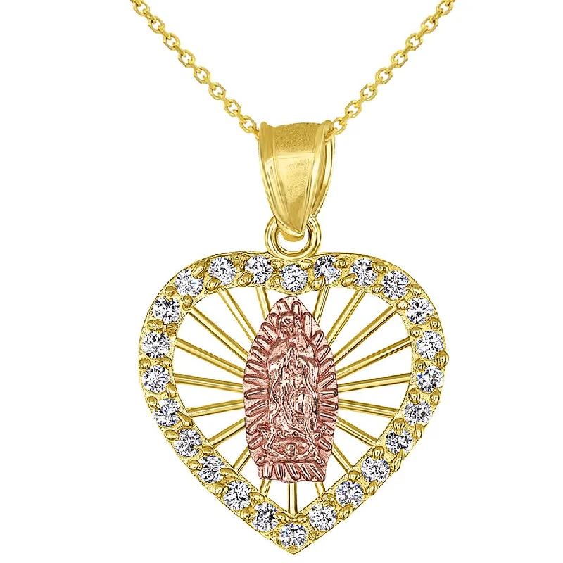 women round pendant necklaces -14K Yellow Gold and Rose Gold CZ Heart Shaped Saint Virgin Mary Guadalupe Pendant Necklace