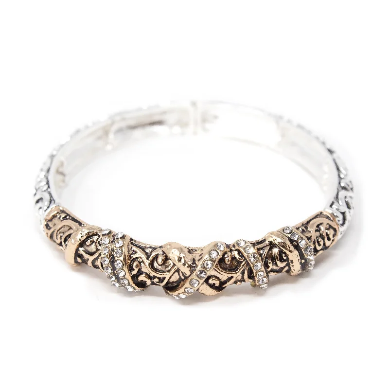 women stacking bracelets -Two Tone Filigree Stretch Bracelet Rose Gold Toned Crystal Station