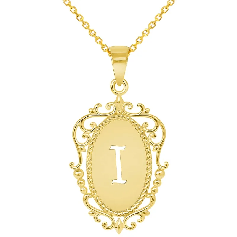 women zodiac necklaces -14k Yellow Gold Elegant Filigree Oval Uppercase Initial I Script Letter Plate Pendant with Cable, Curb, or Figaro Chain Necklaces