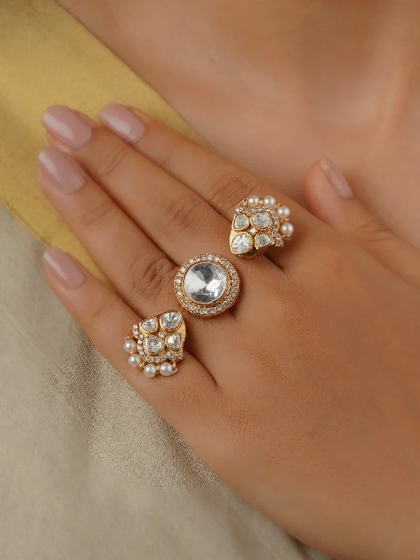 women birthstone rings -White Color Gold Plated Faux Polki Ring - PK-R14