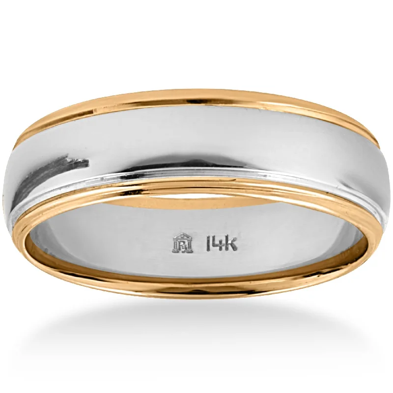 women engraved wedding bands -Mens 14k Gold Two Tone 6mm Plain Comfort Wedding Band