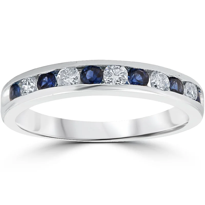 women wedding engagement rings -3/4ct Blue Sapphire & Diamond Channel Set Ring 14K White Gold