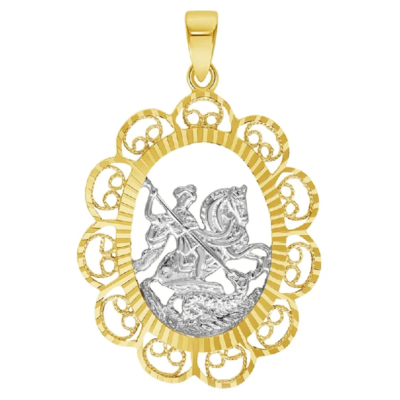 women link necklaces -Solid 14k Yellow Gold Filigree Patron Saint George Medal Pendant (1.3")