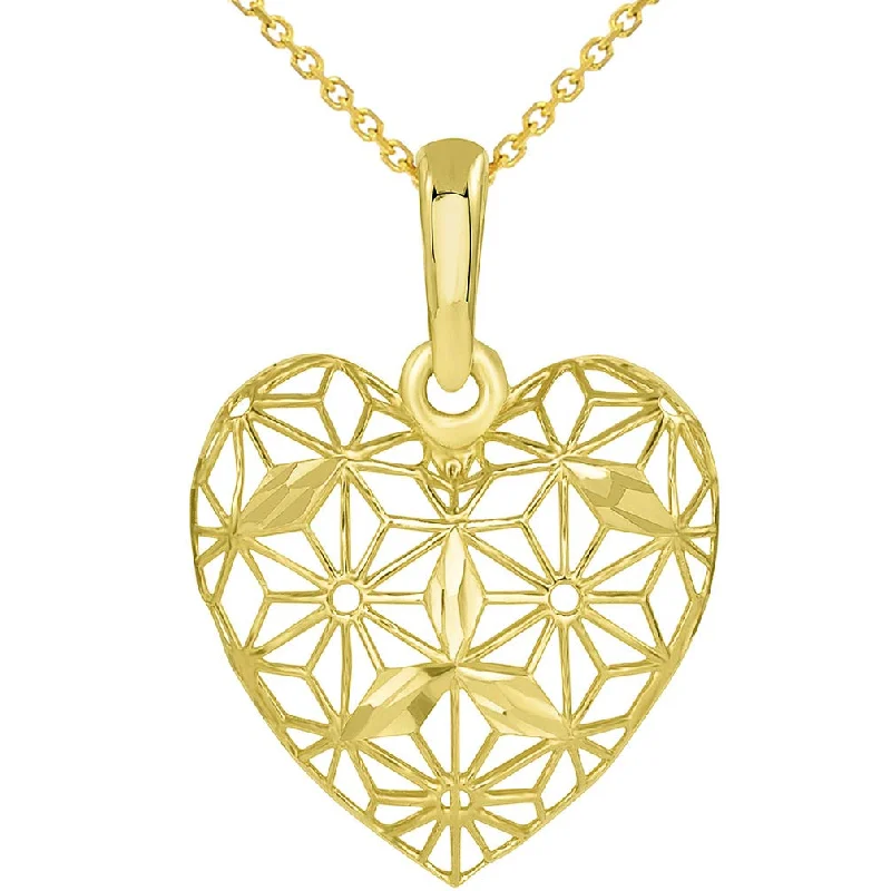 women statement necklaces -Textured 14K Yellow Gold 3D Heart Charm with Filigree Pendant Necklace