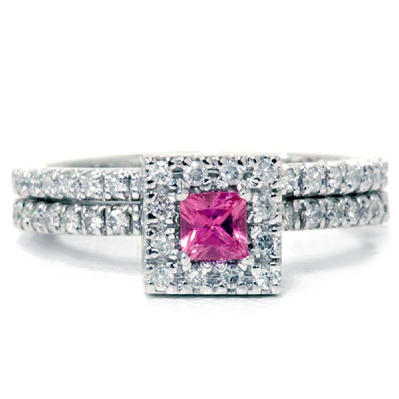 women square cut engagement rings -5/8ct Princess Cut Pink Sapphire & Diamond Engagement Wedding Ring Set 14K White Gold