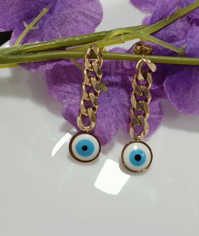 women trendy stud earrings -Tarohi Jewels Stainless Steel Gold/Rosegold Plated Evil Eye Chain Earring- STNER 2587