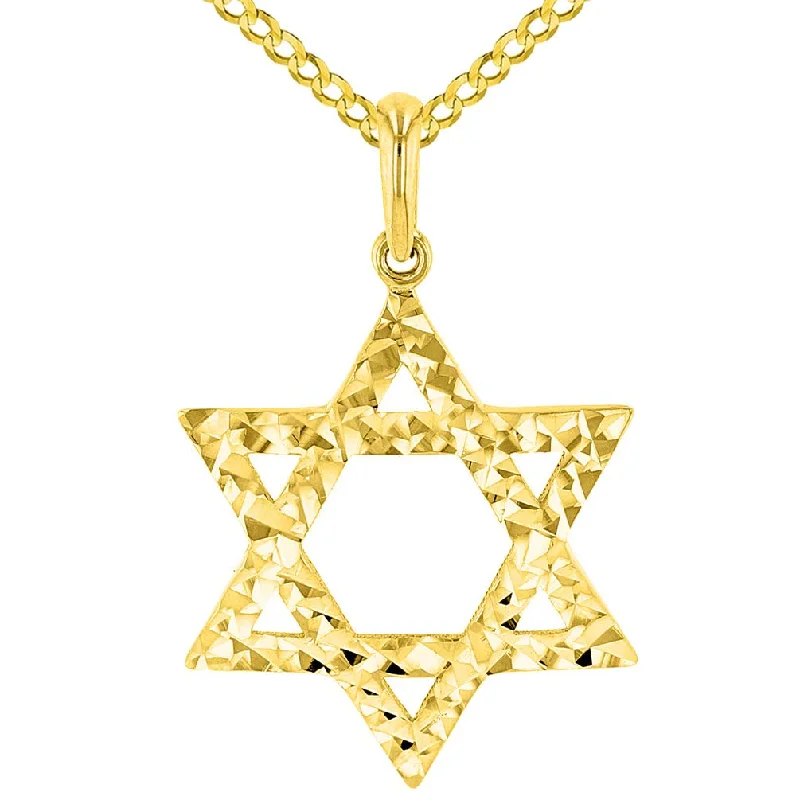 women minimalist pendant necklaces -Solid 14k Yellow Gold Textured Hebrew Star of David Pendant Cuban Necklace