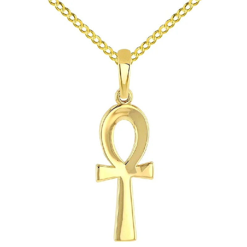 women infinity necklaces -Solid 14k Yellow Gold Polished Egyptian Ankh Cross Charm Pendant with Cuban Chain Necklace