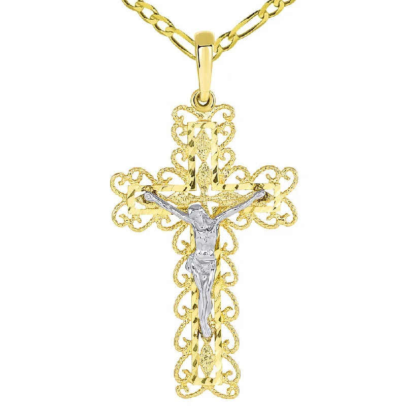 women vintage-style necklaces -14k Two Tone Gold Fancy Religious Filigree Cross Jesus Crucifix Pendant with Figaro Necklace