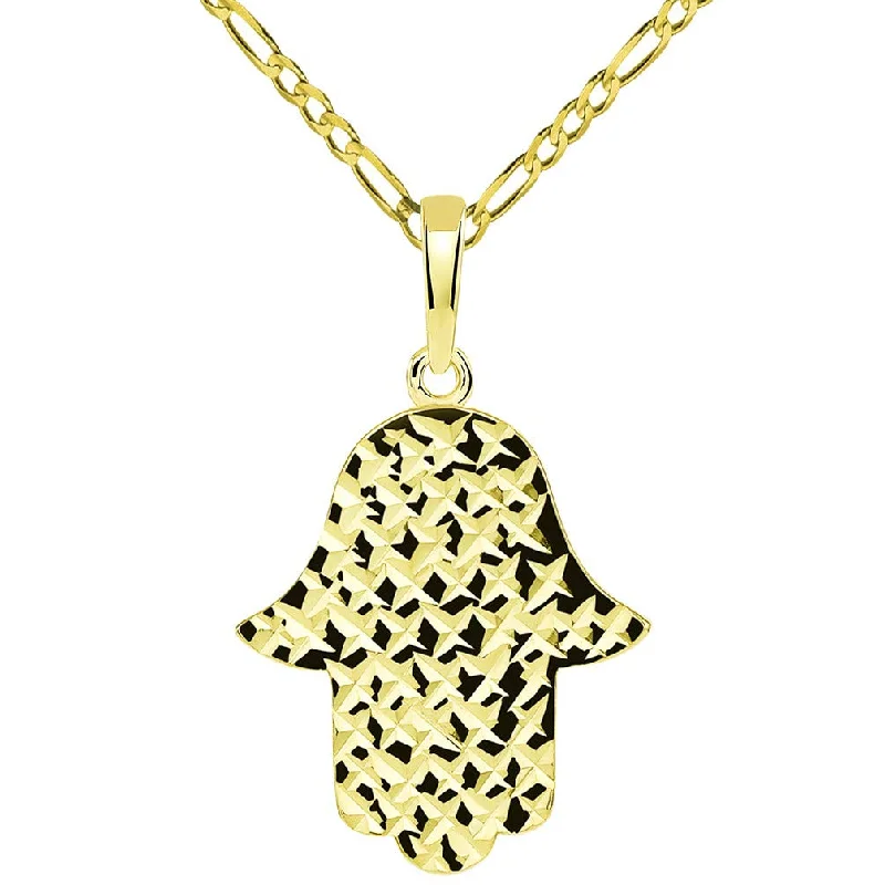 women anniversary necklaces -14k Yellow Gold Textured Elegant Hamsa Hand of God Pendant with Figaro Necklace