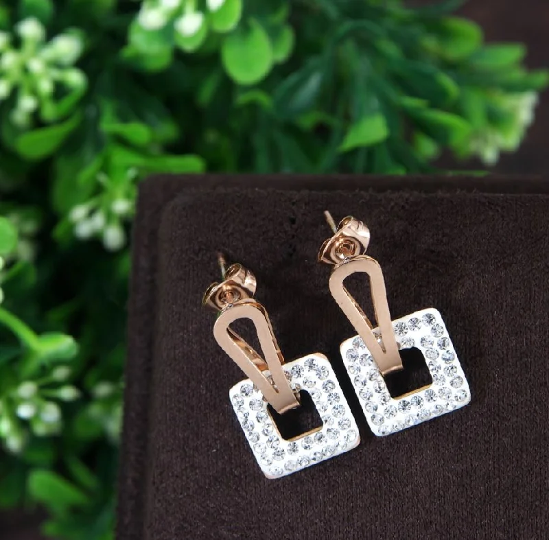 women luxury earrings -Tarohi Jewels Stainless Steel Rosegold Plated Square Shaped White Coloured Earring-STNER 2767