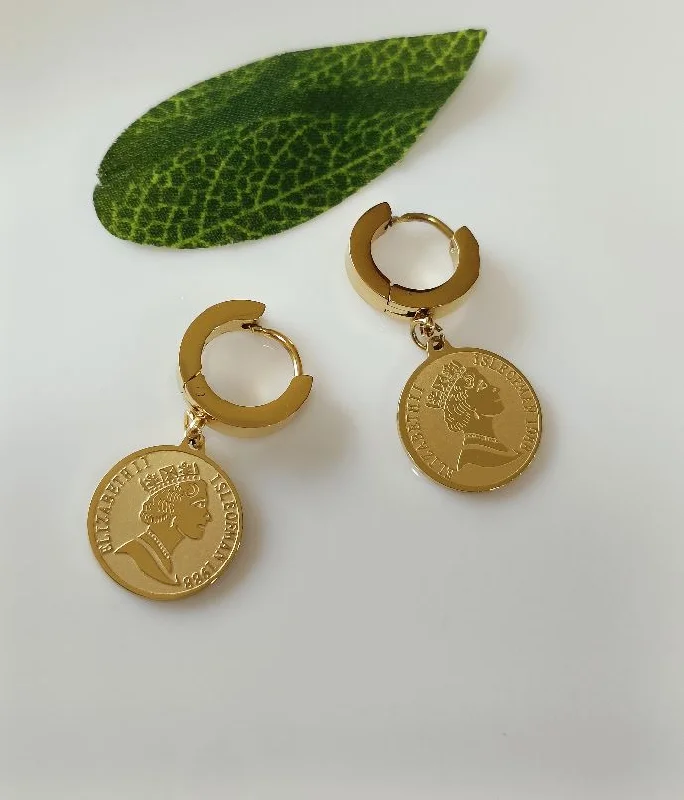 women hoop statement earrings -Tarohi Jewels Stainless Steel Silver/Gold Plated Queen Elizabeth Portrait Coin Drop Earring-STNER 2569