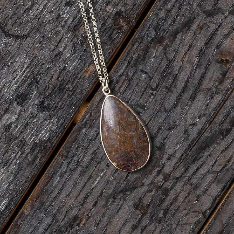 women wedding necklaces -Teardrop Shaped Fossilized Dinosaur Bone Pendant Necklace