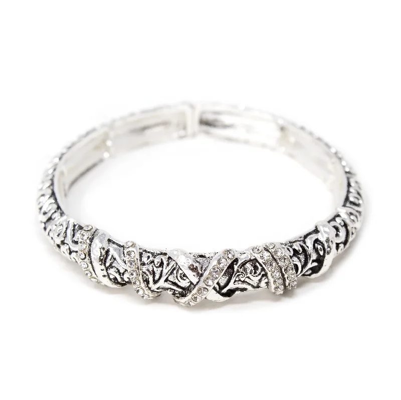 women luxury bangles -Antique Silver Filigree Stretch Bracelet Crystal Station