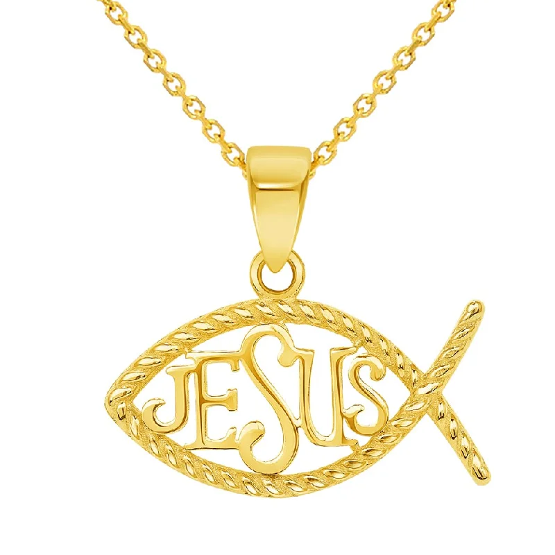 women personalized necklaces -14k Yellow Gold Ichthus Jesus Christian Fish Symbol Pendant Cable, Curb, or Figaro Chain Necklaces