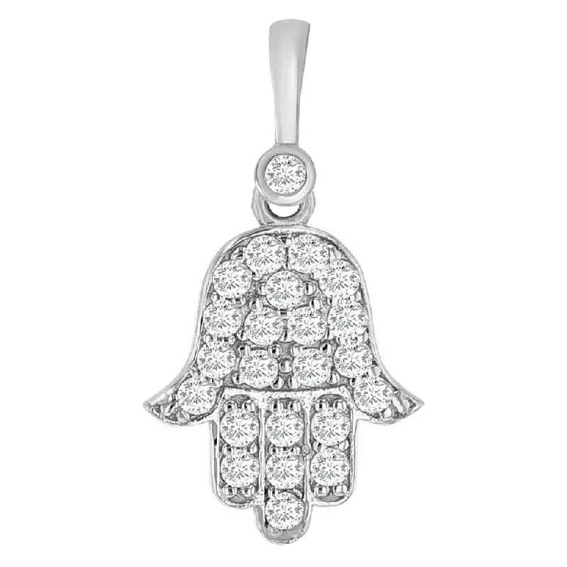 women unique charm necklaces -14k White Gold Mini Hamsa Hand of Fatima Charm Pendant with Cubic Zirconia