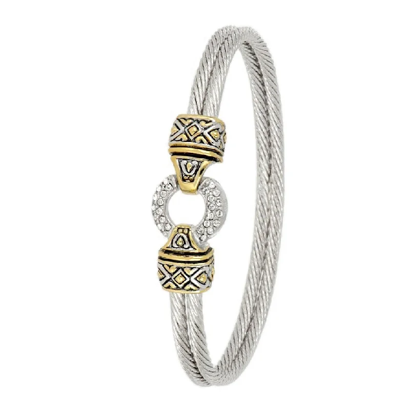 women engraved bangle sets -Antiqua Pave Circle Double Wire Bracelet