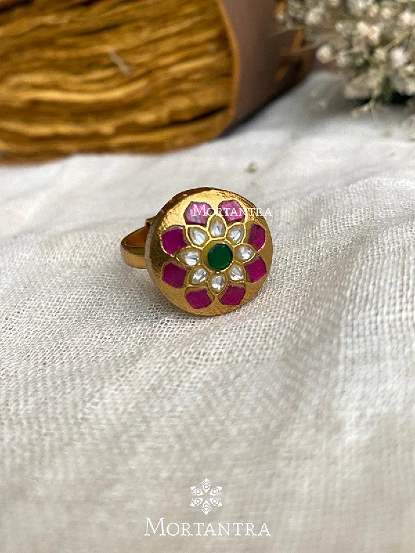 women colorful gemstone rings -Multicolor Gold Plated Thappa Jadau Kundan Ring - TJ-R41M