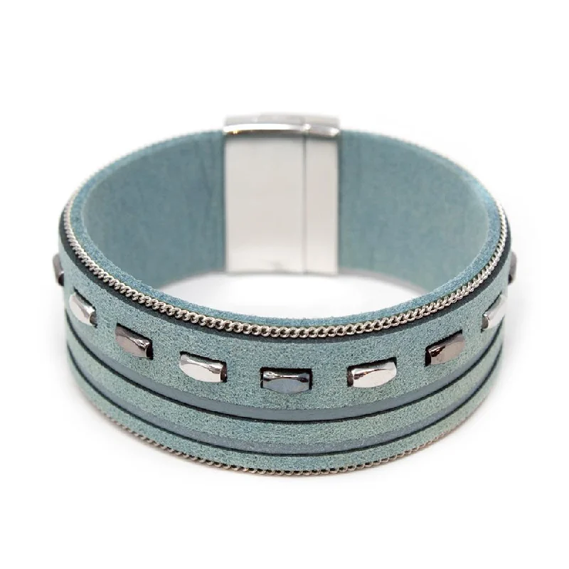 women anniversary bracelets -Leather Bracelet With Metal Bars Inlay Aqua