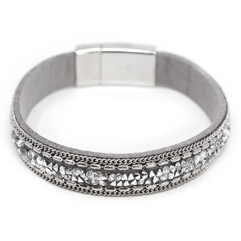 women double bangle bracelets -Leather Bracelet with Glass Crystals Silver Tone