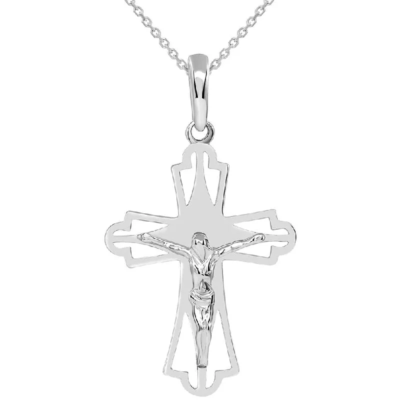 women birthstone necklaces -Solid 14k White Gold Religious Open Cross Jesus Crucifix Pendant Necklace