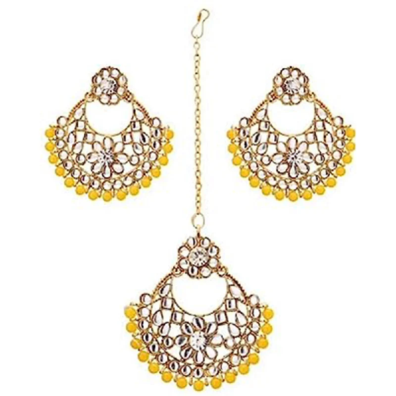 women drop diamond earrings -Subhag Alankar Yellow Alloy Jewel Set with Maangtikka