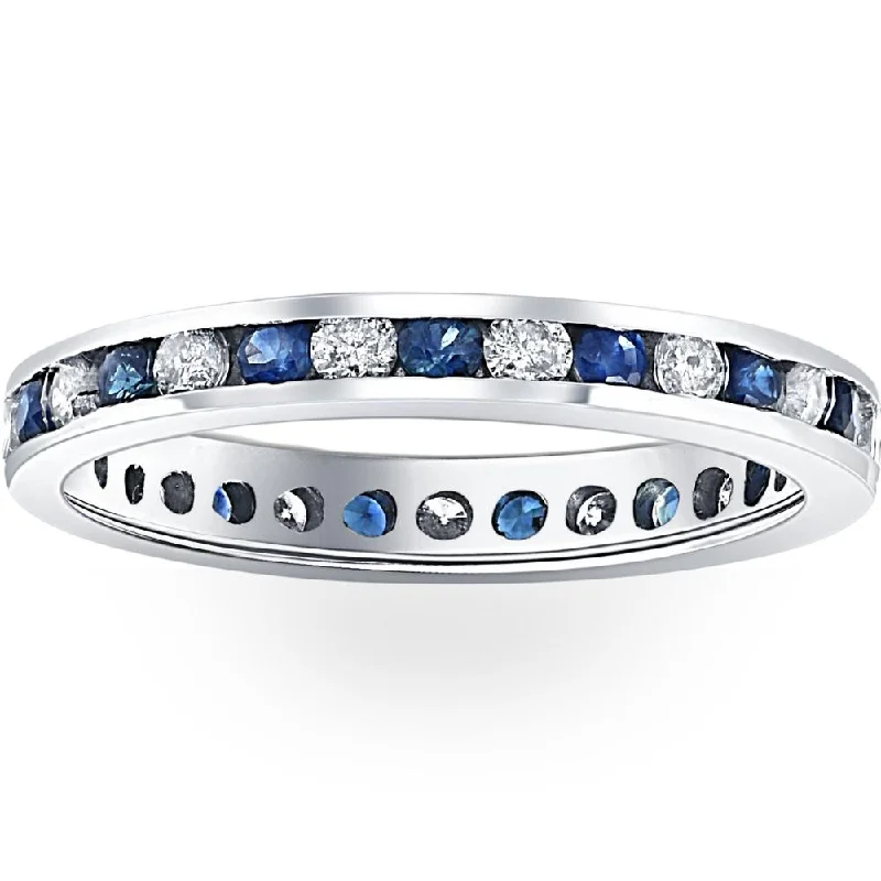 women princess diamond engagement rings -1CT Blue Sapphire & Diamond Channel Set Eternity Wedding Ring 14K White Gold