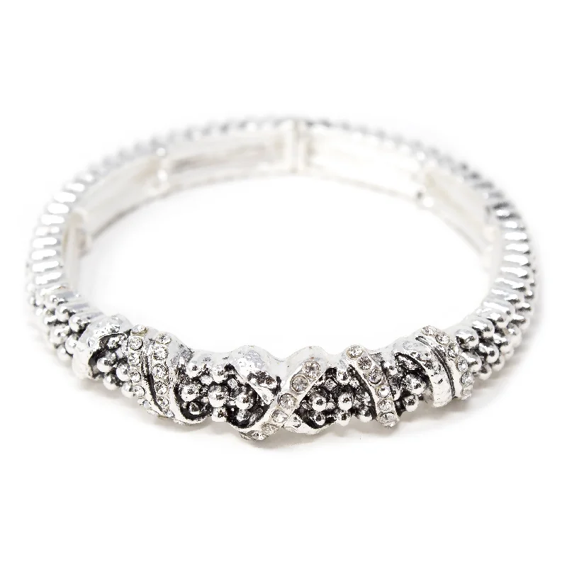 women crystal bracelets -Antique Silver Dotted Stretch Bracelet Crystal Station