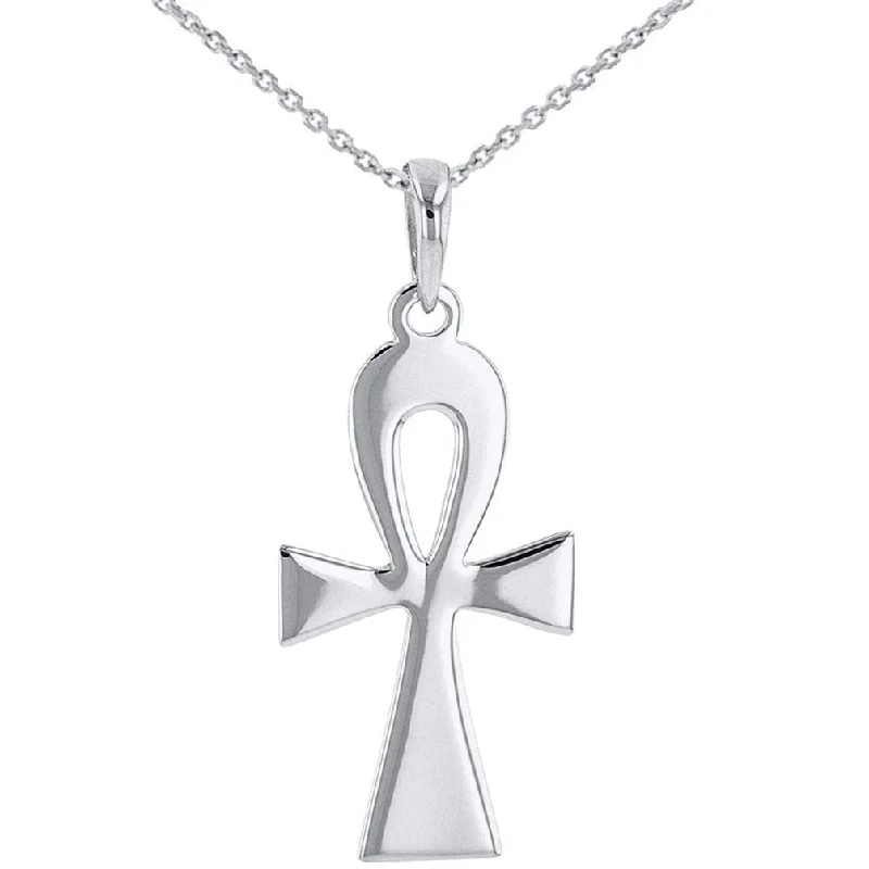 women sapphire necklaces -Solid 14k White Gold Egyptian Ankh Cross Pendant Necklace with High Polish