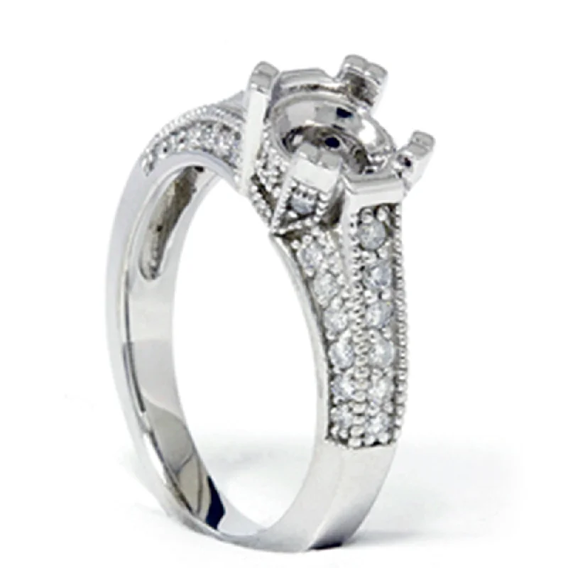 women antique engagement rings -Pave Diamond Engagement Semi Mount Ring 14K White Gold Setting