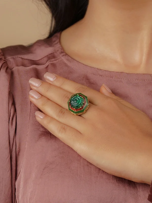 women stack rings -Green Color Gold Plated Contemporary Ring - CC-RNG7GR