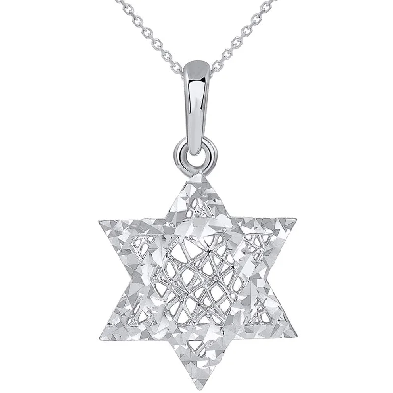 women minimalist necklaces -14k White Gold Textured 3D Jewish Star of David Pendant Necklace