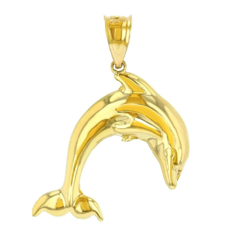 women unique necklaces -14K Yellow Gold Jumping Dolphin Charm Animal Pendant with High Polish