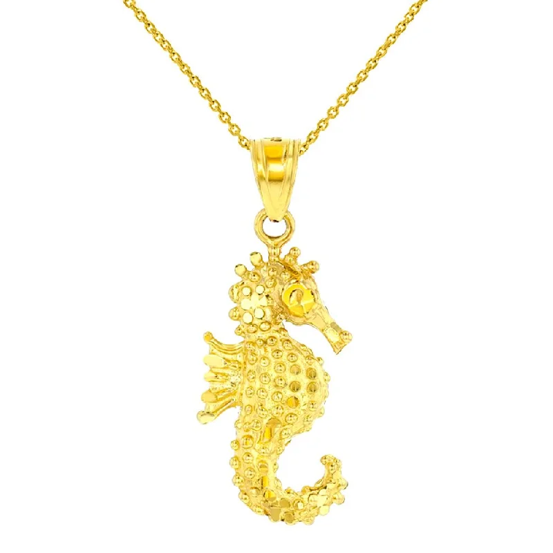 women custom charm necklaces -Textured 14K Yellow Gold Budded Seahorse Charm Animal Pendant Necklace