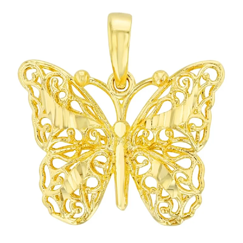 women matching necklaces -14K Yellow Gold Textured Filigree 3D Butterfly Pendant