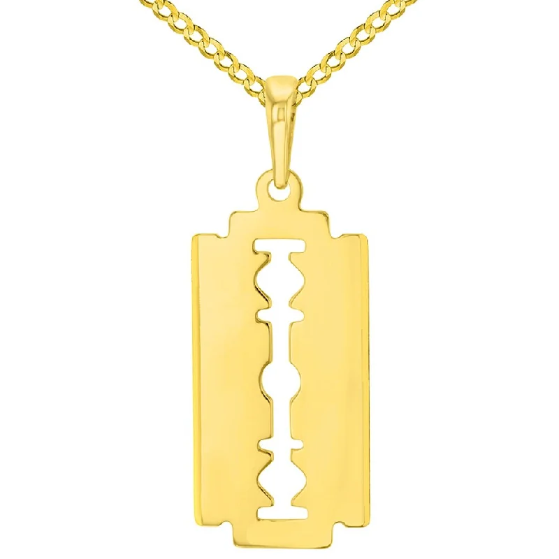 women oversized necklaces -Solid 14K Yellow Gold Sharp Edged Razor Blade Pendant with Cuban Chain Necklace