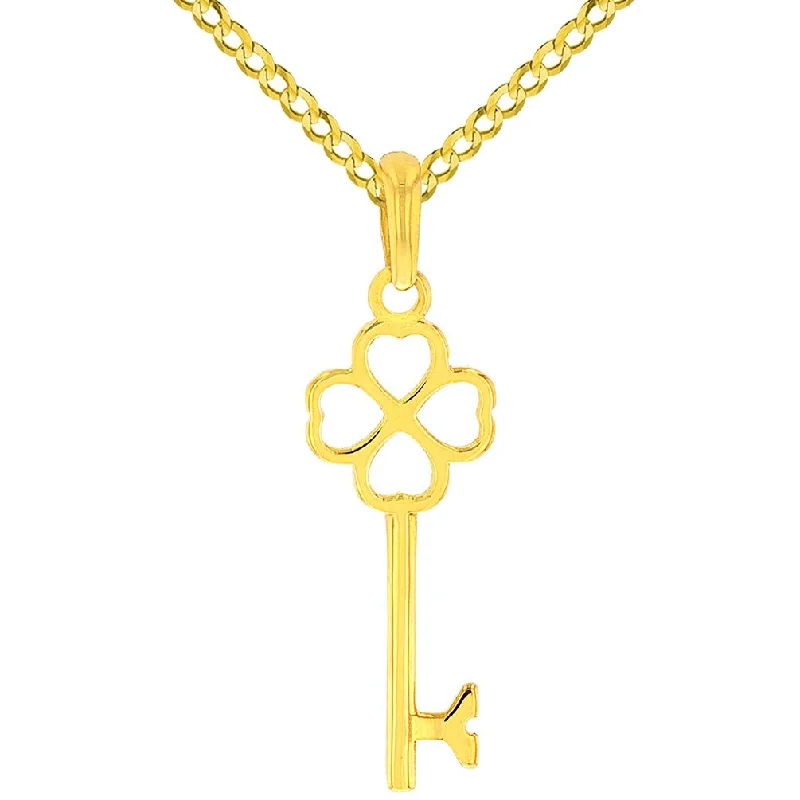 women statement necklaces -Solid 14K Yellow Gold Simple Four Leaf Clover Love Key Charm Good Luck Pendant with Cuban Chain Necklace