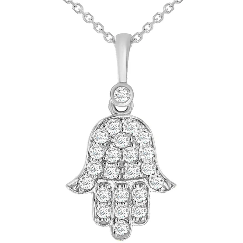 women custom engraved gold necklaces -14k White Gold Cubic Zirconia Mini Hamsa Hand of Fatima Charm Pendant Necklace