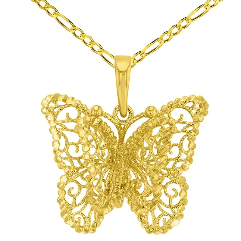 women round pendant necklaces -14K Yellow Gold Textured Filigree Butterfly with Four Wings Pendant Figaro Necklace