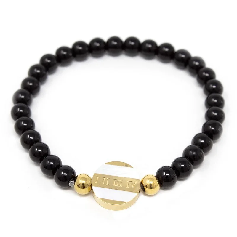 women adjustable bracelets -Stainless Steel Black Beaded Bracelet Rom Disc MOP Gold Plated