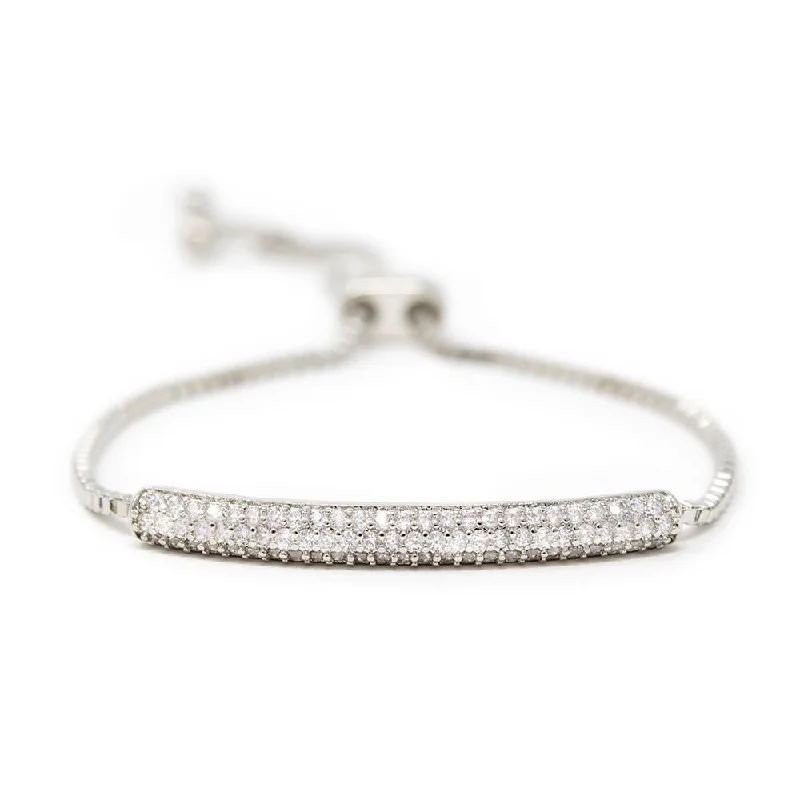 women engraved bracelets -Rhodium Plated Pave CZ Bar Adjustable Bracelet