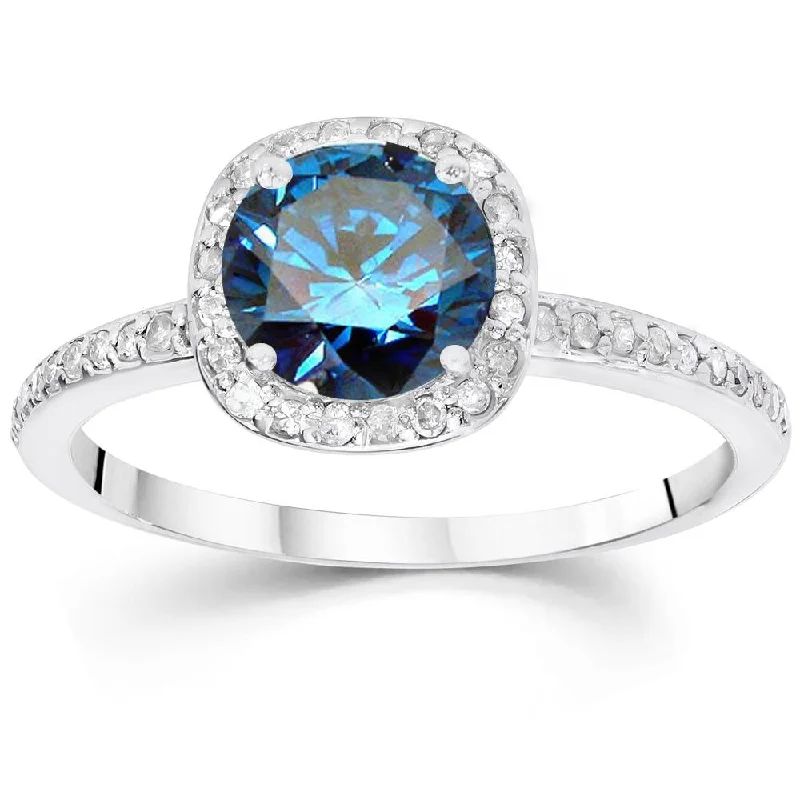 women vintage diamond engagement rings -1 1/6ct Blue Diamond Cushion Halo Engagement Ring 14K White Gold