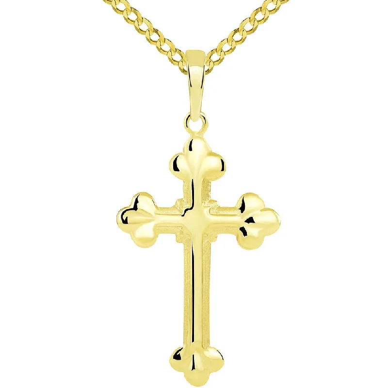 women trendy gold necklaces -Solid 14k Yellow Gold Traditional Botonee-Style Eastern Orthodox Cross Pendant with Cuban Necklace