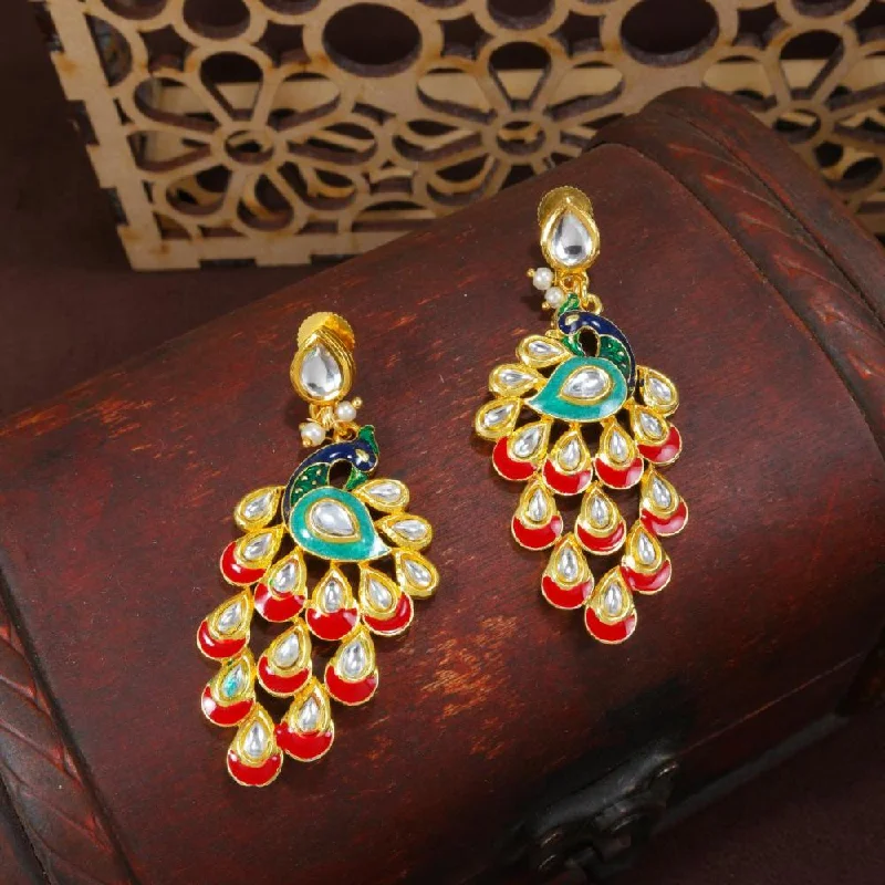 women gemstone stud earrings -Etnico Gold Plated Meenakari Kundan Studded Peacock Design Dangle Earrings For Women (E2918R)