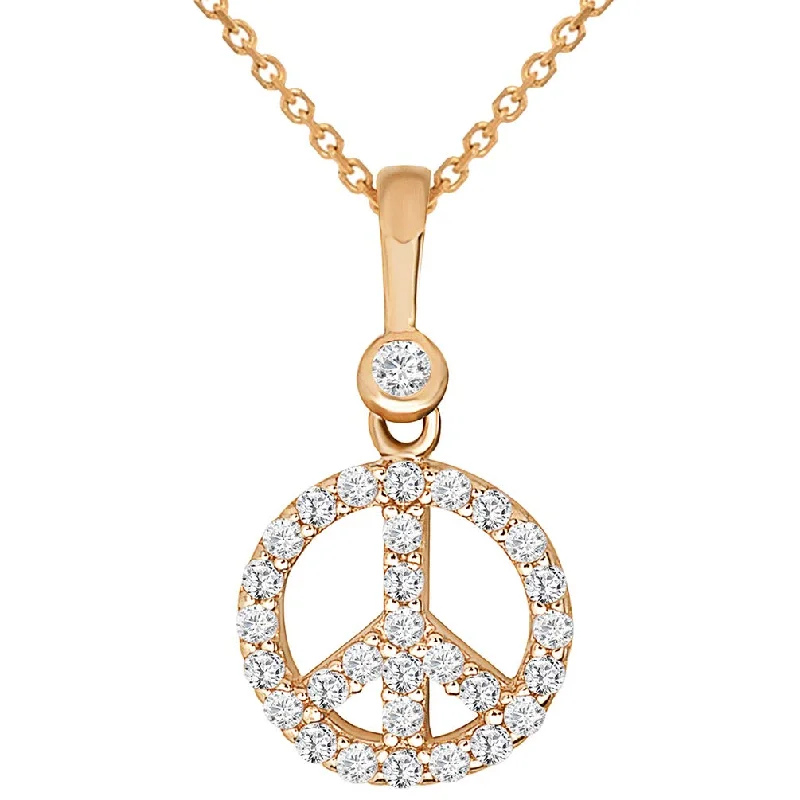 women teardrop necklaces -Solid 14k Rose Gold Mini Peace Symbol Charm Pendant Necklace with Cubic Zirconia