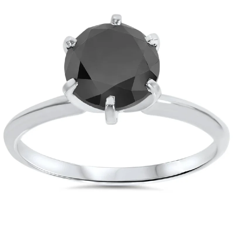 women sapphire diamond engagement rings -2 ct 14K White Gold Black Diamond Solitaire Engagement Ring