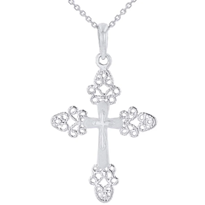 women halo necklaces -14k White Gold Elegant Filigree Fleur de Lis Cross Pendant Necklace