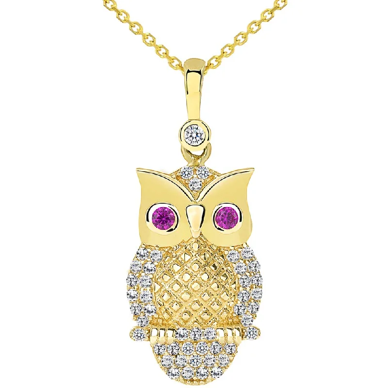 women lock necklaces -14K Yellow Gold CZ Elegant Owl Animal Pendant Necklace